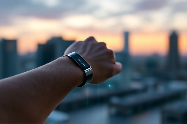 Futuristic AI wearable enhancing user's life with data.