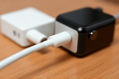 Apple Watch charger connection, USB-C power adapter, technology detail