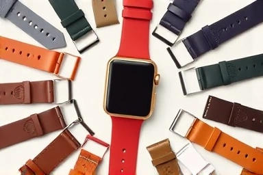 Variety of affordable Apple Watch straps laid out artistically.