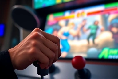 Gamer's hands gripping an arcade stick during intense fighting game.