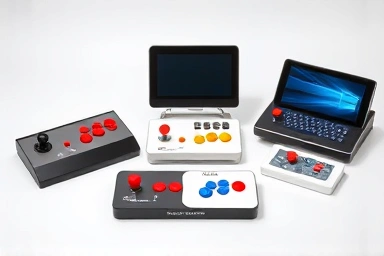 Variety of modern arcade sticks displayed in a studio setting.