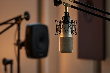 Professional condenser microphone in a modern recording studio.