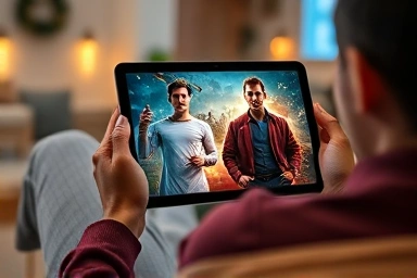 Tablet screen displaying a high-definition movie in a living room setting.