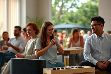 People enjoying music from stylish Bluetooth speakers in various settings.