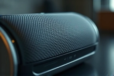Close-up of a premium Bluetooth speaker, highlighting design and audio quality.