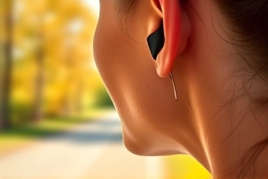 Runner wearing bone conduction earphone on a scenic trail