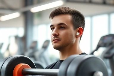 Gym-goer using bone conduction earphones during workout