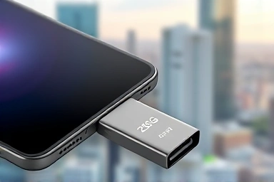Smartphone connected to 256GB C-type OTG USB drive for storage expansion