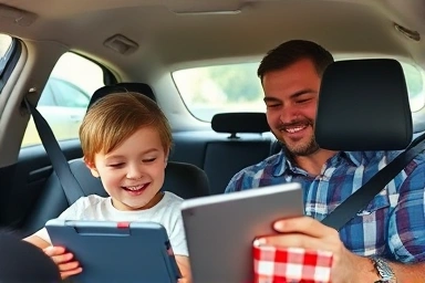 Child enjoying tablet in car backseat mount