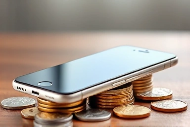 Pristine certified used smartphone on coins, symbolizing value.