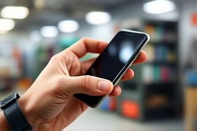 Hand inspecting a used smartphone for quality.