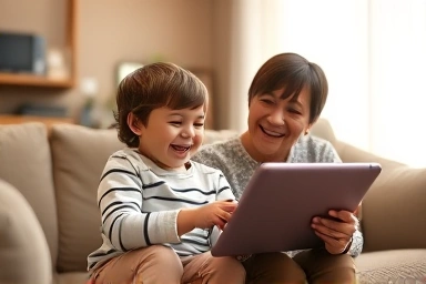 Child learning on tablet with parental supervision