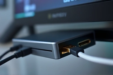Close-up of external capture card connecting console and PC.