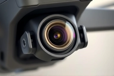 Close-up of DJI Mini 4 Pro drone camera lens, showing detail