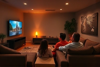 Living room transformed into a home cinema with immersive sound.