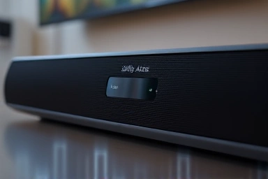 Close-up of a soundbar with glowing lights, symbolizing 3D audio.