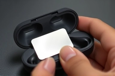 Applying dust-proof sticker to Galaxy Buds case