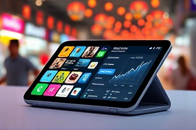 Futuristic foldable smartphone with price reduction graphic.