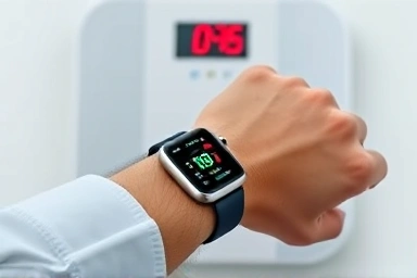 Smartwatch measuring body composition next to professional scale.
