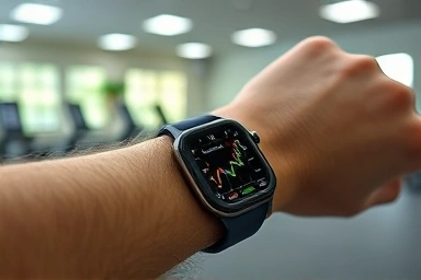 Close-up of smartwatch displaying body composition data.