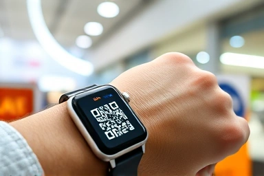 Smartwatch displaying QR code for mobile payment