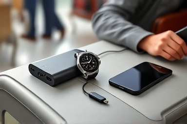 Galaxy Watch and power bank charging wirelessly, travel convenience