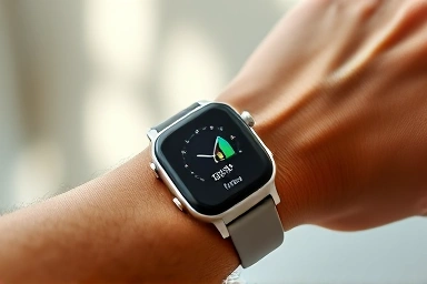 Smartwatch on wrist displaying health metric, technology and well-being.