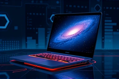 Futuristic AI laptop with glowing circuits and data visualizations