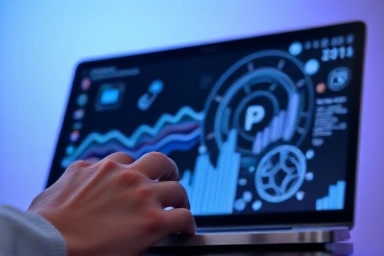 Close-up of hand interacting with a laptop displaying dynamic AI-enhanced content