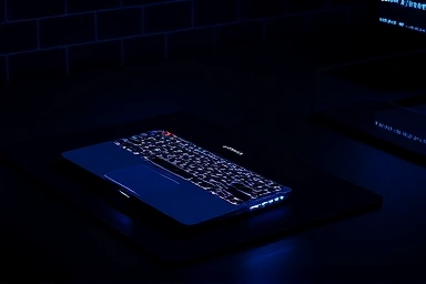 Gaming laptop on cooling pad with subtle RGB lighting