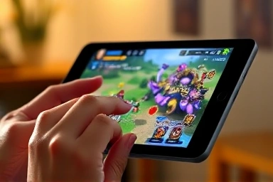Hand holding tablet playing Genshin Impact, smooth gameplay.
