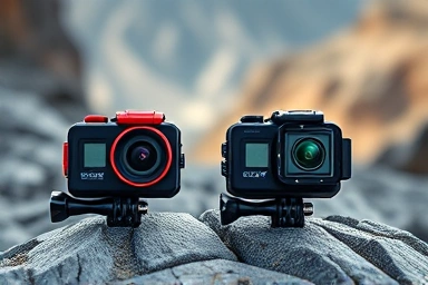 Action cameras side-by-side on adventure terrain
