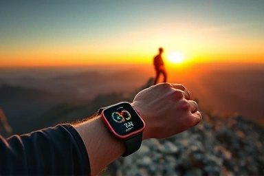 Hiker checks smartwatch on mountain peak at sunset.