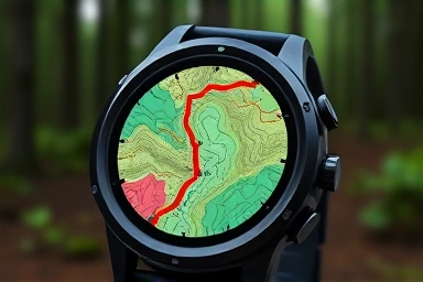 Close-up of smartwatch showing GPS route on mountain map.