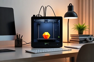 Modern home 3D printer creating colorful object.