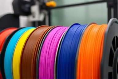 Variety of colorful 3D printer filament spools.