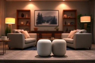Apple HomePod 2nd gen stereo setup in a modern living room.