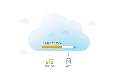 Digital cloud storage nearing capacity with data icons.