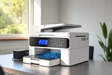 Modern office printer with glowing ink particles, representing efficiency.