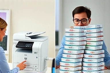 Comparison of rented vs. purchased printer costs and stress.
