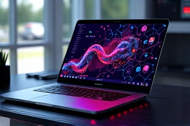 Futuristic laptop displaying AI, gaming, and creative interfaces.