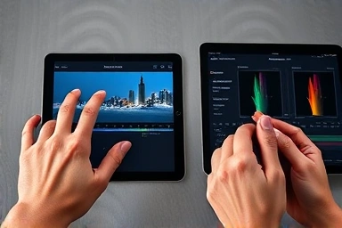 Hands editing video on iPad, intuitive vs professional interface