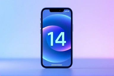 iPhone 14 displaying futuristic iOS interface