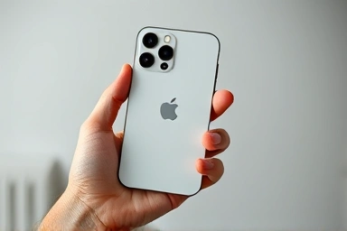 Hand holding a premium used iPhone 15 Pro, symbolizing smart purchase.