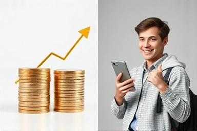 Symbolic split image: financial growth and user satisfaction with iPhone 15 Pro.