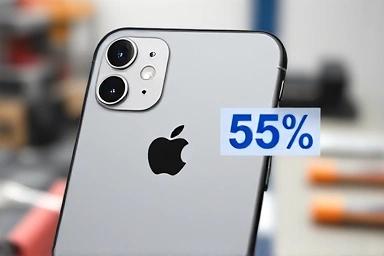Cracked iPhone back glass with cost-saving symbol.
