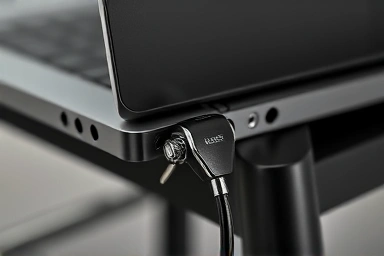 Close-up of laptop Kensington lock cable securing device.