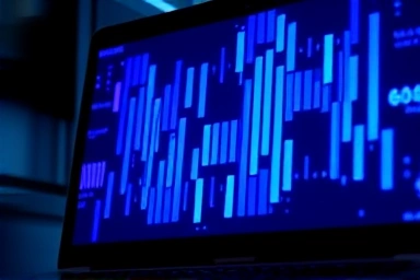 Laptop screen with abstract blue error pattern