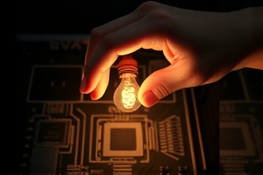 Hand with light bulb over computer component diagram