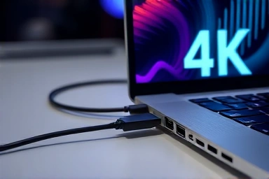 Modern laptop with USB-C multi-hub, symbolizing expanded connectivity and 4K display.